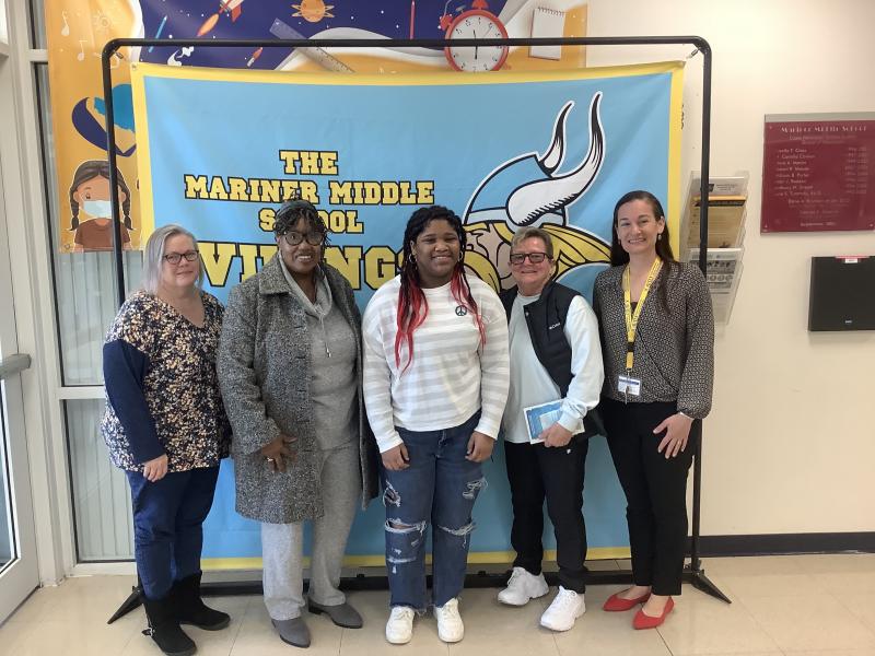 Mariner Middle School student Izabel Kelly-Conaway was recently recognized by the Southern Delaware Alliance for Racial Justice. Gathered during the ceremony are (l-r) Joyce Kelly, SDARJ representative Hattie Bull, Izabel Kelly-Conaway, Trish Conaway and Assistant Principal Emily Lehne. SUBMITTED PHOTOS